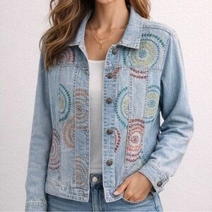 White Stag Embroidered Denim Jacket M Boho Spiral Y2K Festival Jean Jacket Retro